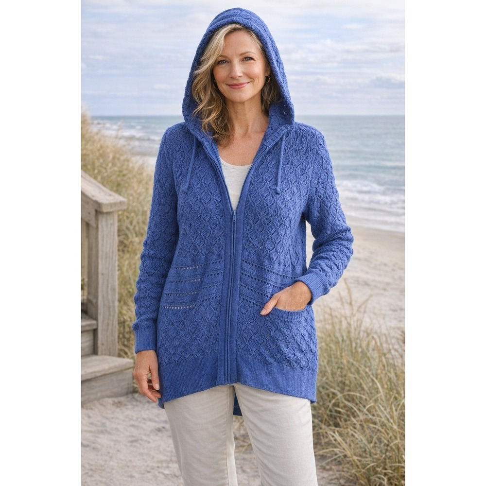 Cabela's Trunie Hooded Zip Front Sweater Womens XL Blue Jewel coastal heritage